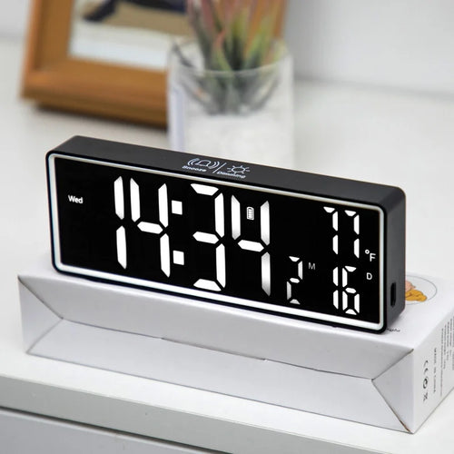 Rechargeable Digital Alarm Clock TEMP Date Week 2 Alarms Night Mode Snooze 12/24H Anti-disturb Voice Control LED Mirror Clock