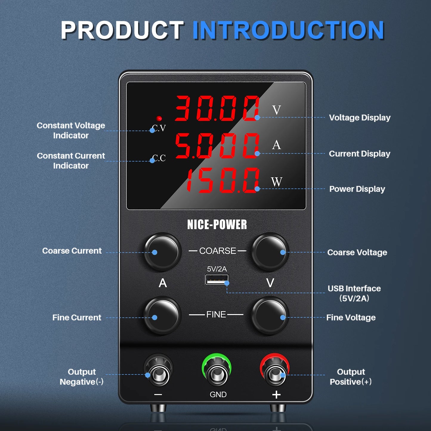 NICE-POWER Adjustable Switching DC Power Supply 30V 5A Lab Bench Power Supply Output Preset Current USB Inter Bench Source AC110