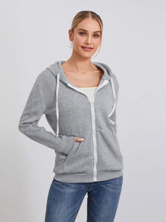 Women s Zip Up Hoodies Long Sleeve Solid Color Classic Fit Sweatshirts Jackets Streetwear Tops