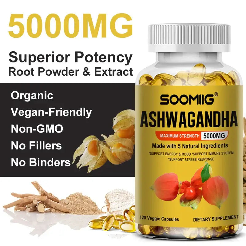 Soomiig Ashwagandha Extract 5000mg, vegan, non-GMO, 120 capsules, supports energy, mood, and immune health.