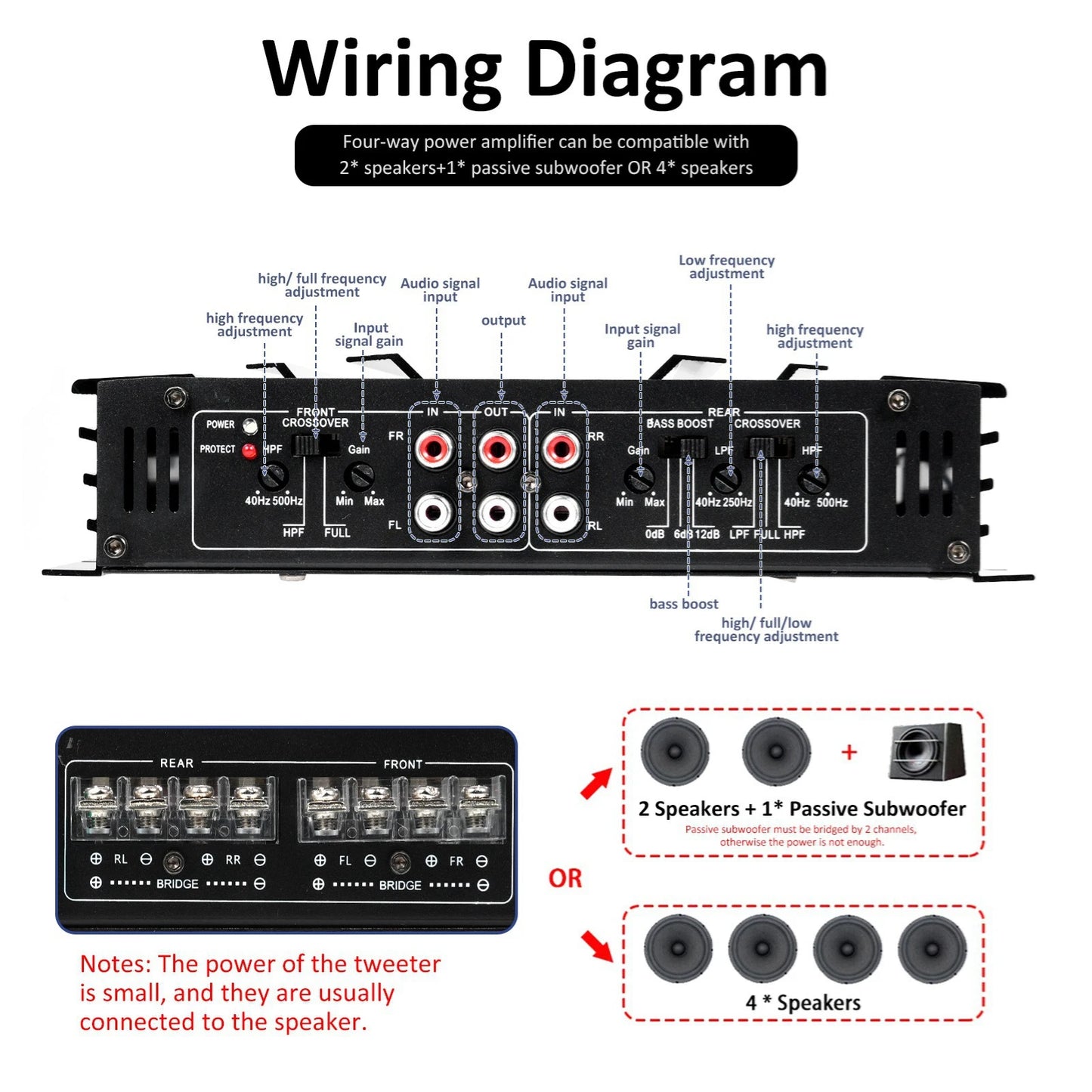 12V High power Car Power Amplifier 4 Channel Audio Speaker Cars Audio Stereo Surround Passive Subwoofer Audio Player