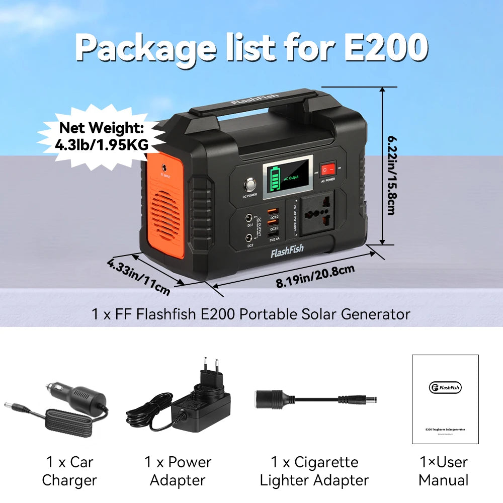 FF Flashfish E200 Portable Power Station 200W Solar Generator 151WH Battery AC DC Outdoor Camera Drone Power Supply Solar Charge