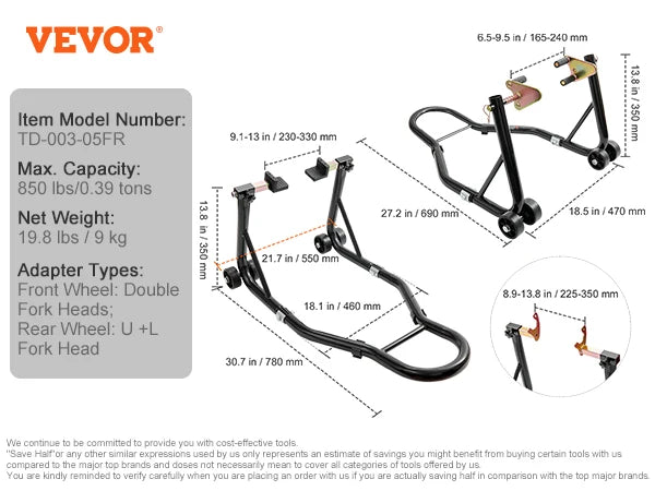 VEVOR Motorcycle Stand Lift 850lbs Front Rear Combo Stand Lift Stand Front and Rear Wheel Fork Stand Heavy Duty Rear Wheel Stand