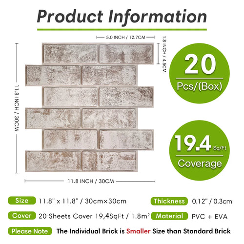 20 pcs 3D Peel and Stick Backsplash, Wall Tiles Self Adhesive, 3D Brick Tile Stickers, Backsplash for Kitchen, Wall Deco