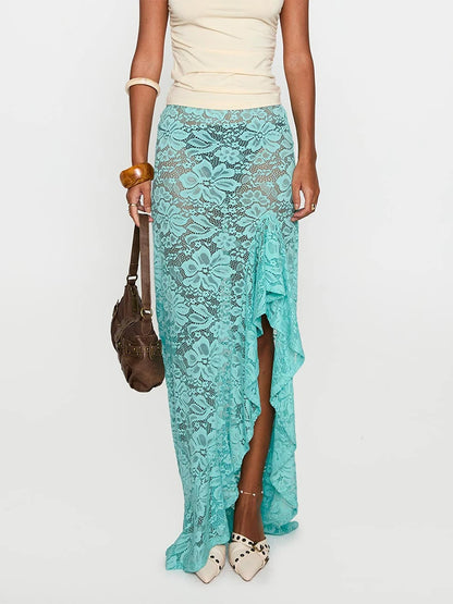 Elegant Women s Lace Maxi Skirt with High Waist and Ruffled Hemline Stylish Bodycon Fit for Summer Fashion Trend