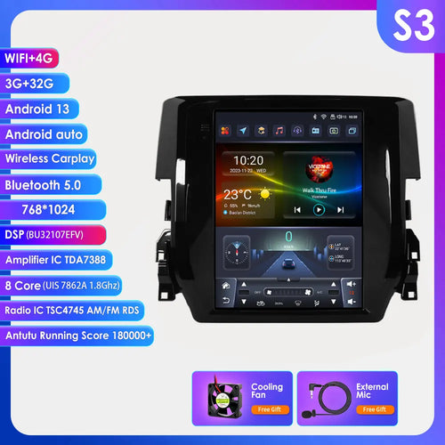 9.7" 7862 Android 13 Car radio for Honda Civic 2015-2020 tesla Style Multimedia player Carplay GPS navi Stereo 4G SWC Autoradio