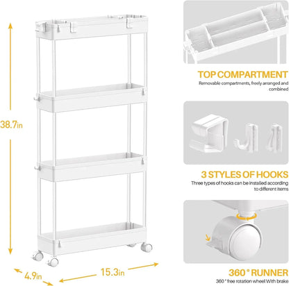 Storage Cart 4 Tier,Bathroom Organizer Rolling Utility, Mobile Shelving Unit Slide Out for Office, Kitchen, Laundry Room