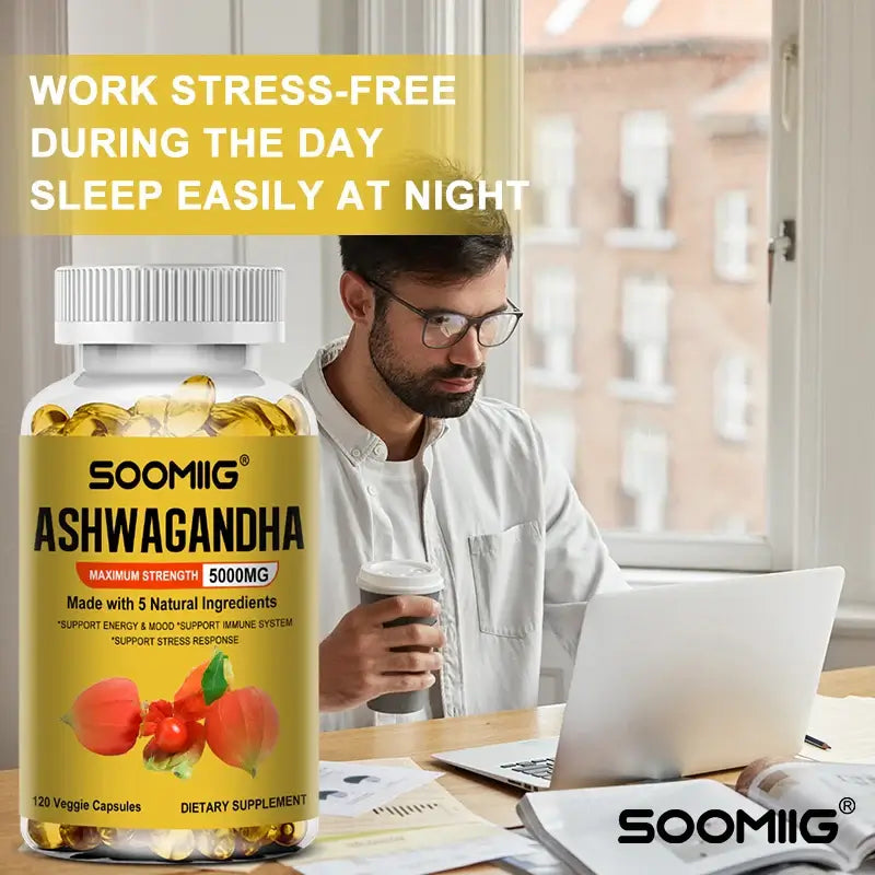 Soomiig Ashwagandha Extract, 120 capsules, supports energy, mood, and immune health, promotes stress relief and better sleep.