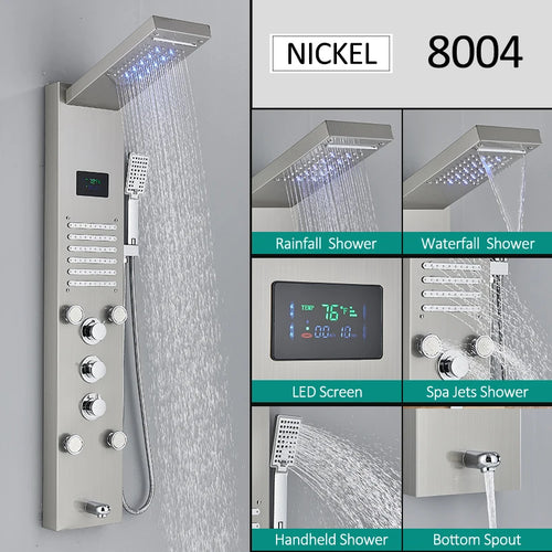LED Shower Panel Tower System Rain Waterfall Shower Column Hydroelectricity LCD Display With Massage Body Spa Bath Shower Faucet