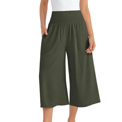 Wide Leg Cropped Pants For Women Casual Solid Color Elastic High Waist Trousers Cotton Linen Loose Drawstring With Pockets Pants