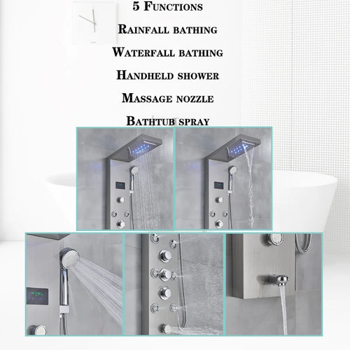 LED Light Bathroom Shower Faucet Set LED Rainfall Shower Panel System Bathtub Water Mixer Tap Massage SPA Temperature Screen