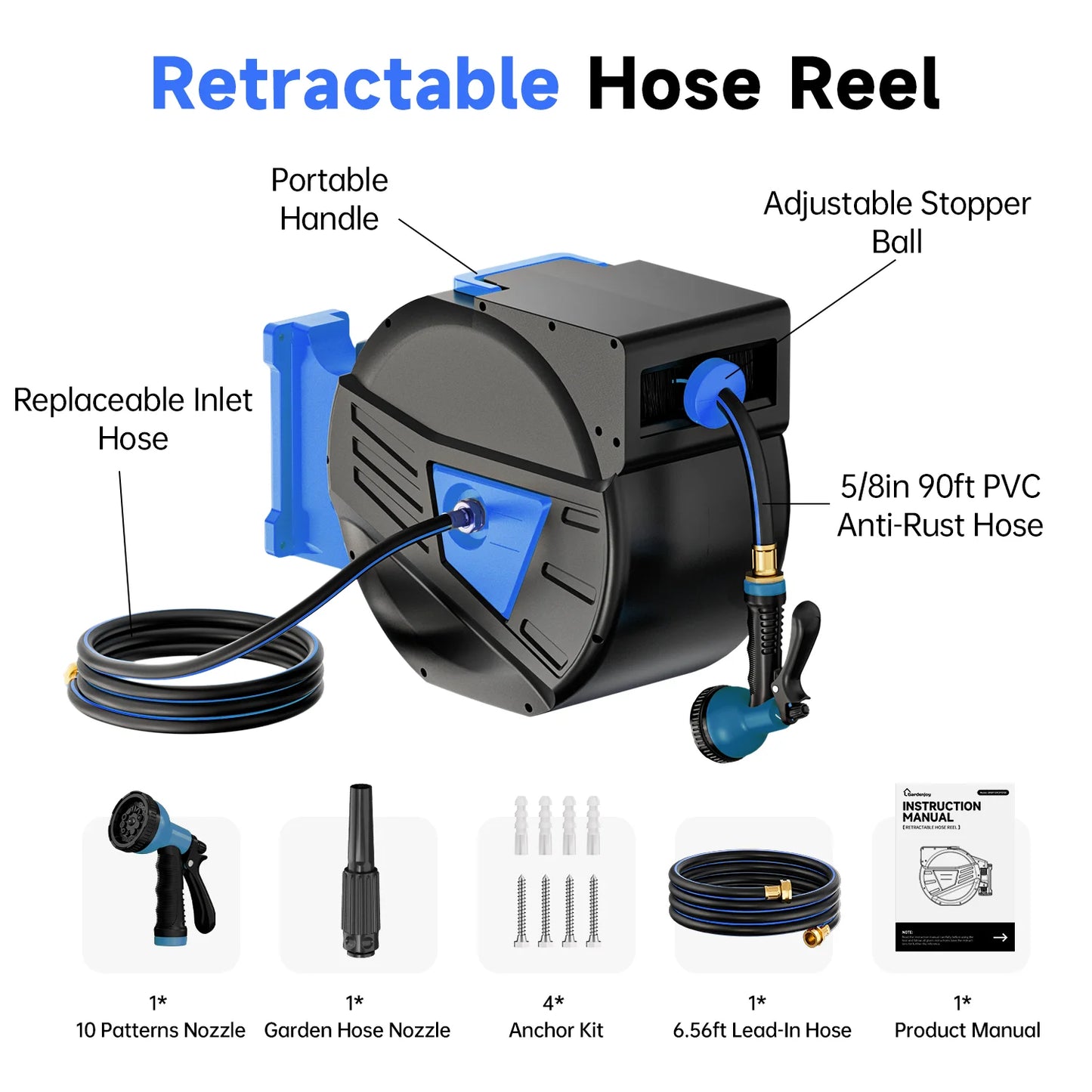 GardenJoy Retractable Garden Hose Reel with garden accsesories 5/8in 90ft Garden tools Irrigation hose outdoor garden hose