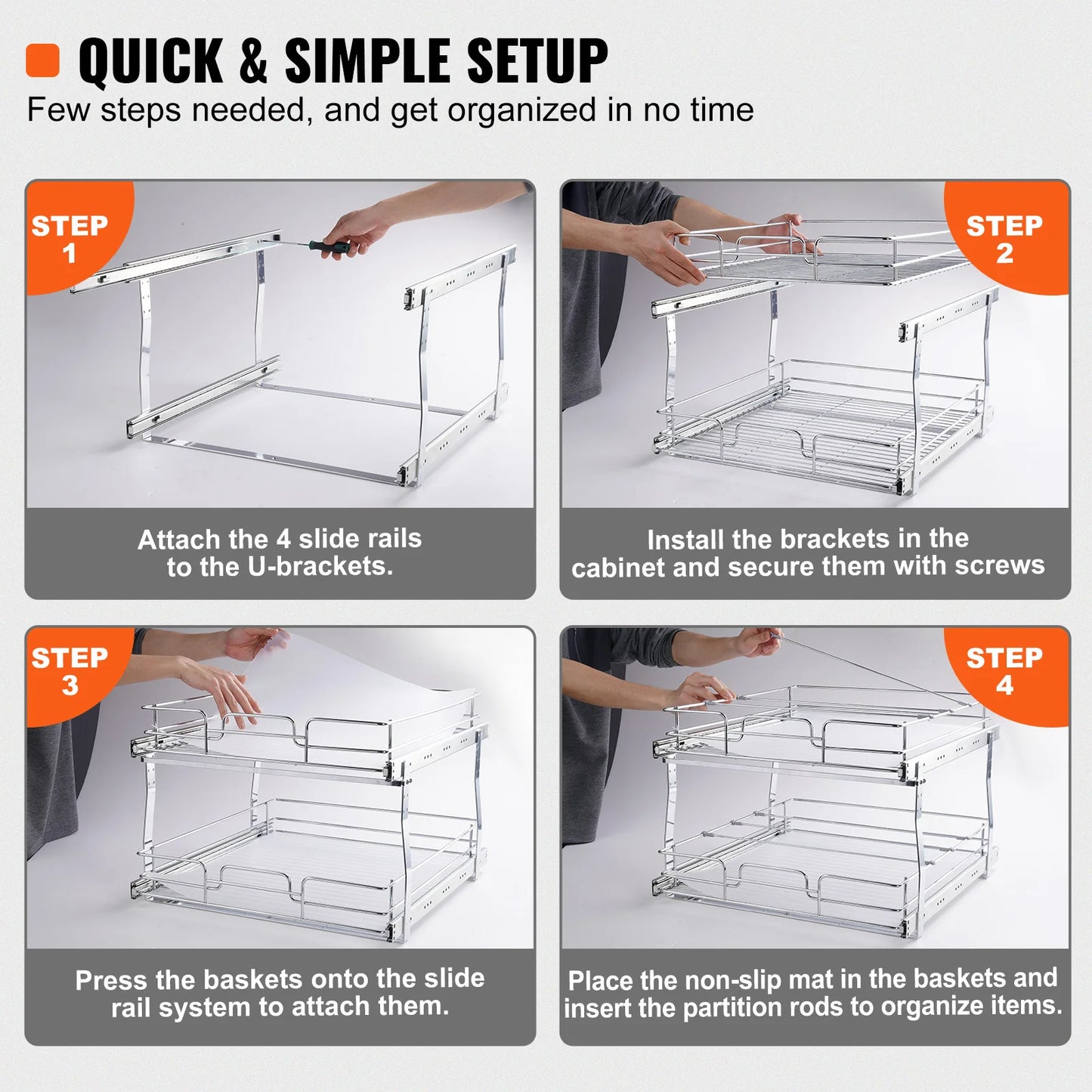 VEVOR Pull Out Cabinet Organizer, Chrome-Plated Steel Roll Out Drawers, Sliding Drawer Storage for Inside Kitchen Cabinet