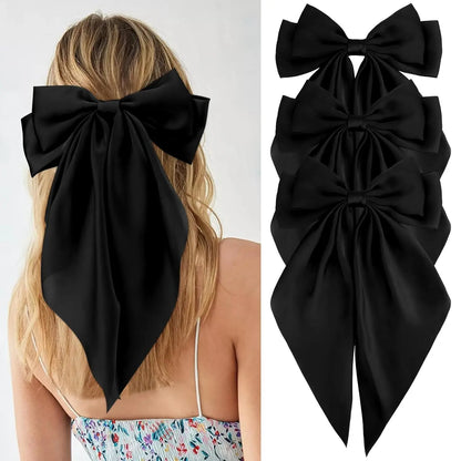Hair Bows for Women Girls 3Pcs White Pink Black Silky Satin Large Bows Hair Clip Oversized Hair Ribbons Long Tail Big Hair Bows