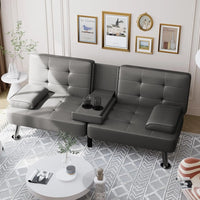 Folding Futon Sofa Bed Sleeper Couch for Living Room Faux Leather Upholstered Loveseat w/Removable Armrests, Metal Legs