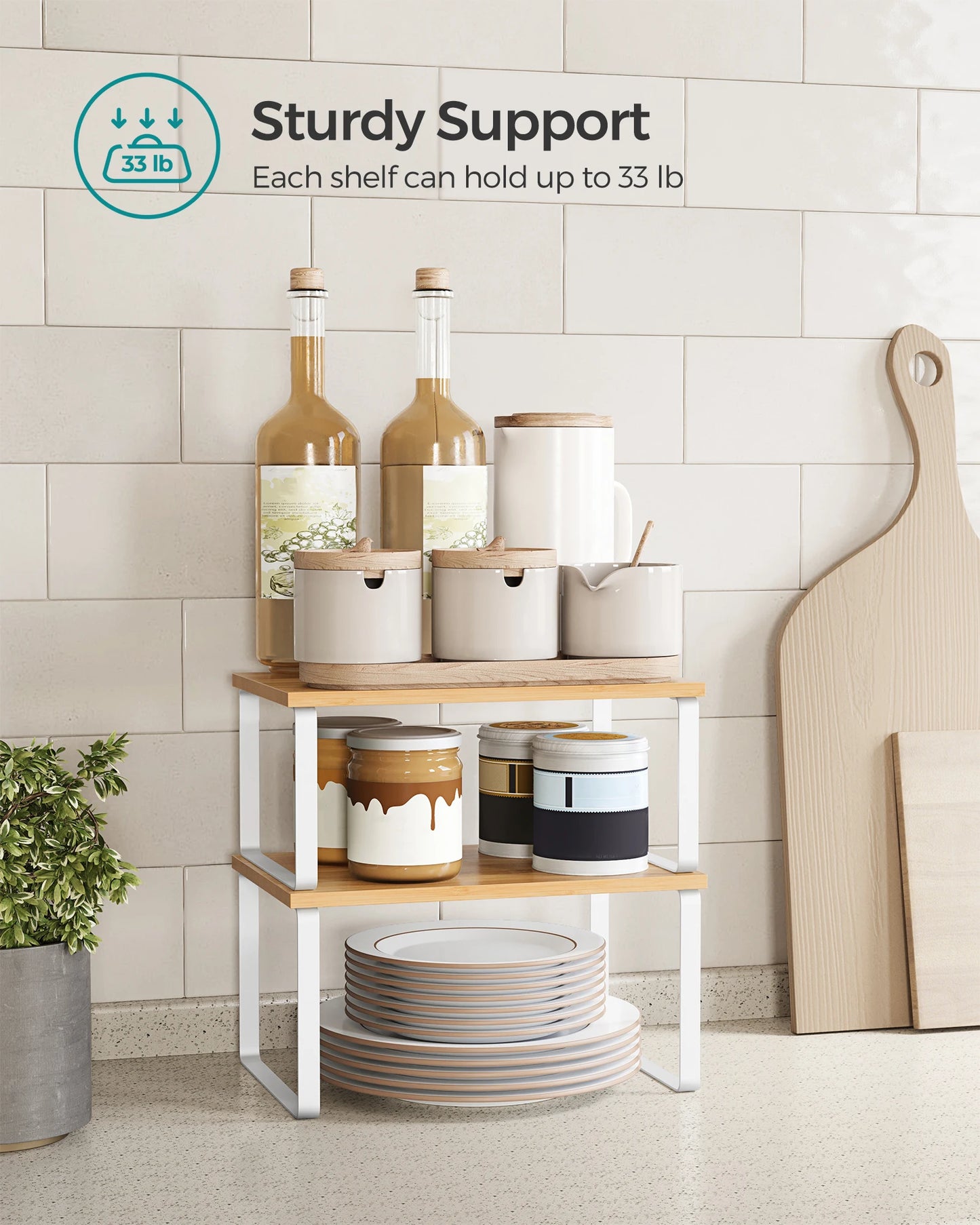 SONGMICS Cabinet Organizer Shelf, Set of 2 Kitchen Counter Shelves, Kitchen Storage, Spice Rack, Stackable, Expandable