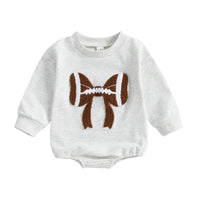 Infant Girl Football Print Long Sleeve Bubble Romper with Crew Neck and Bow Detail - Adorable Newborn Bodysuit for Game Day