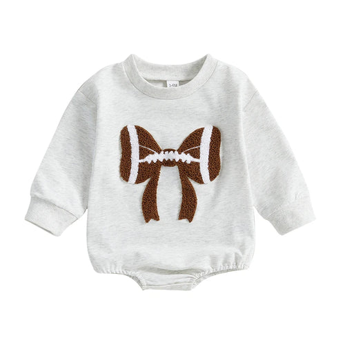 Infant Girl Football Print Long Sleeve Bubble Romper with Crew Neck and Bow Detail - Adorable Newborn Bodysuit for Game Day