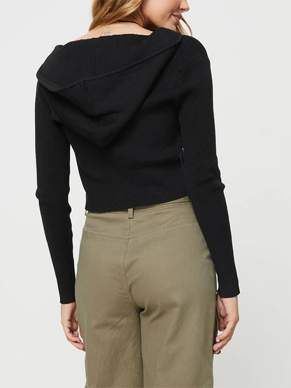 Women s Zip-Up Knit Hoodies Solid Color Cropped Cardigan Jacket Casual Long Sleeve  Crop Tops
