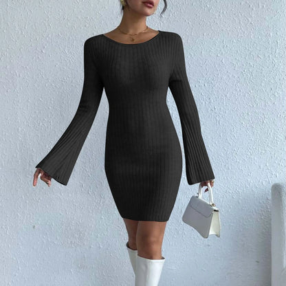 Solid Color High Quality Knitted Backless Dresses for Women Autumn Winter 2023 Elegant Long Sleeve Bodycon Casual Mini Dress