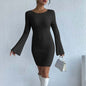 Solid Color High Quality Knitted Backless Dresses for Women Autumn Winter 2023 Elegant Long Sleeve Bodycon Casual Mini Dress
