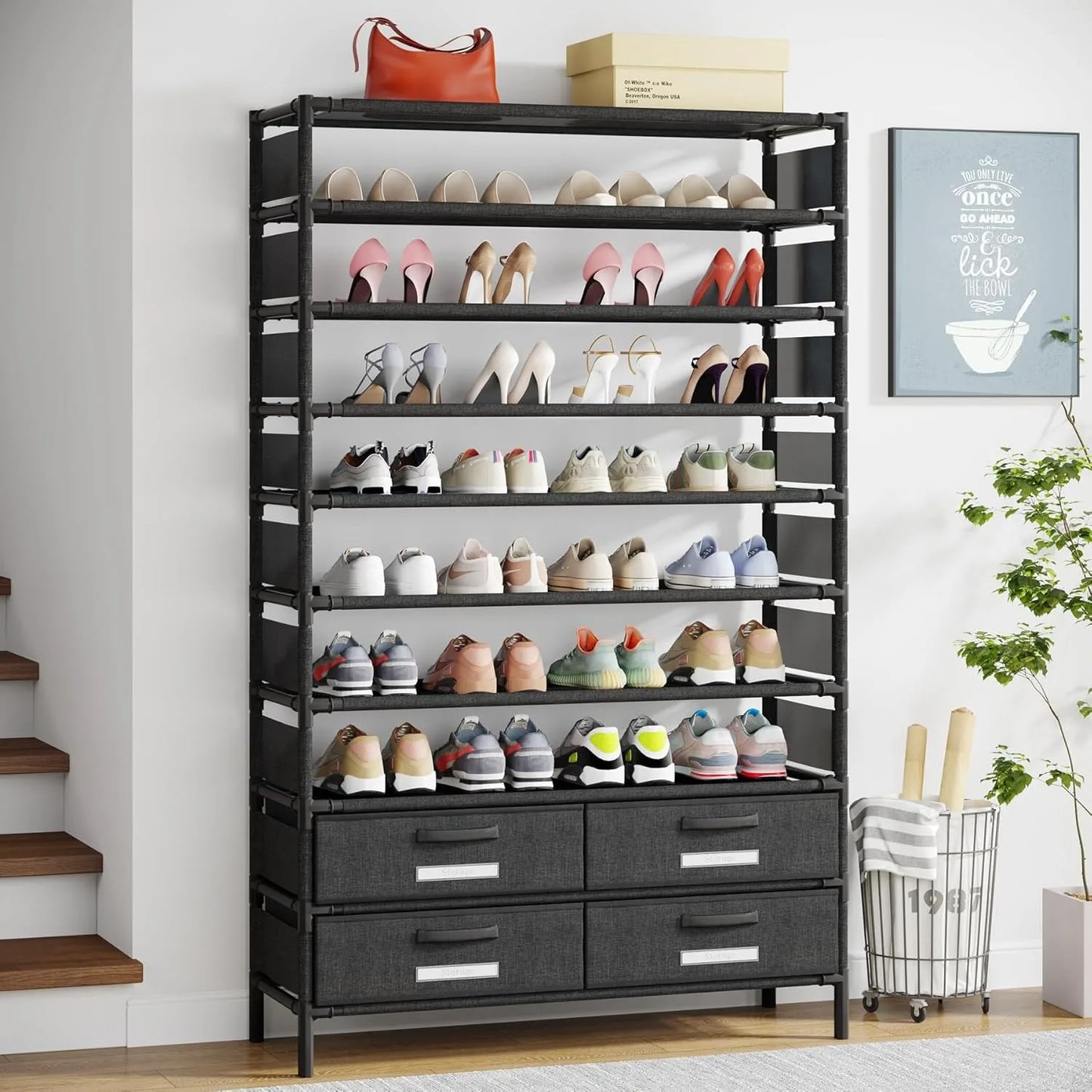 bookshelf with 4 Bins Drawers for Closet Entryway, Vertical Shoe Racks Free Standing wardrobes, clothes rack