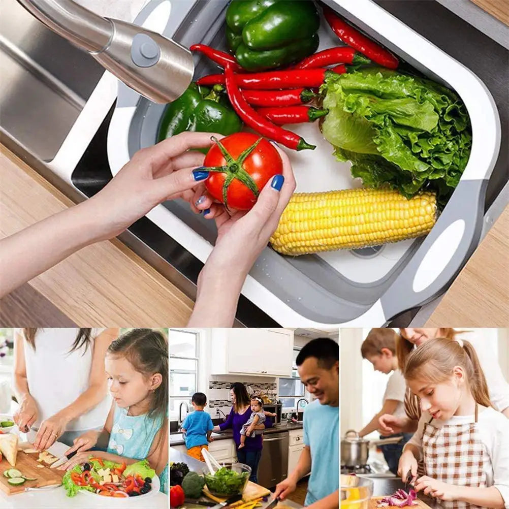 2PCS Collapsible Cutting Board Drain Basket, Portable Multi-Function Vegetable Fruits Drain Basin, for Kitchen/Outdoor Camping
