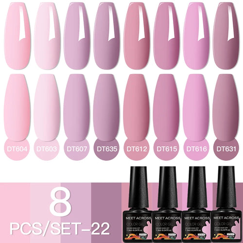 MEET ACROSS 8Pcs/Set Sparkly Rose Red Purple Gel Nail Polish Glitter Semi Permanent Nail Art Gel Vernis For Nails Manicure Kits