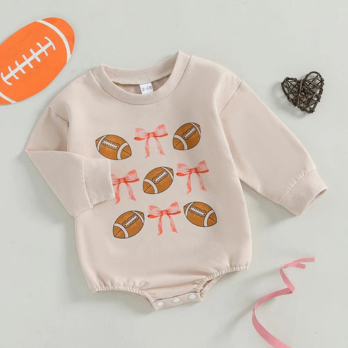 Infant Girl Football Print Long Sleeve Bubble Romper with Crew Neck and Bow Detail - Adorable Newborn Bodysuit for Game Day