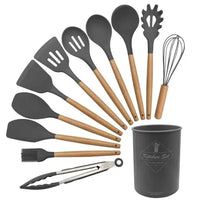 Cooking Utensils Set of 12 Silicone Kitchen Utensils With Solid Wood Handles and a Holder Bucket