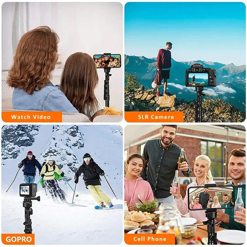 Collage of activities using WEFOR phone tripod: watching videos, shooting with SLR camera, skiing, and capturing moments with cell phone.