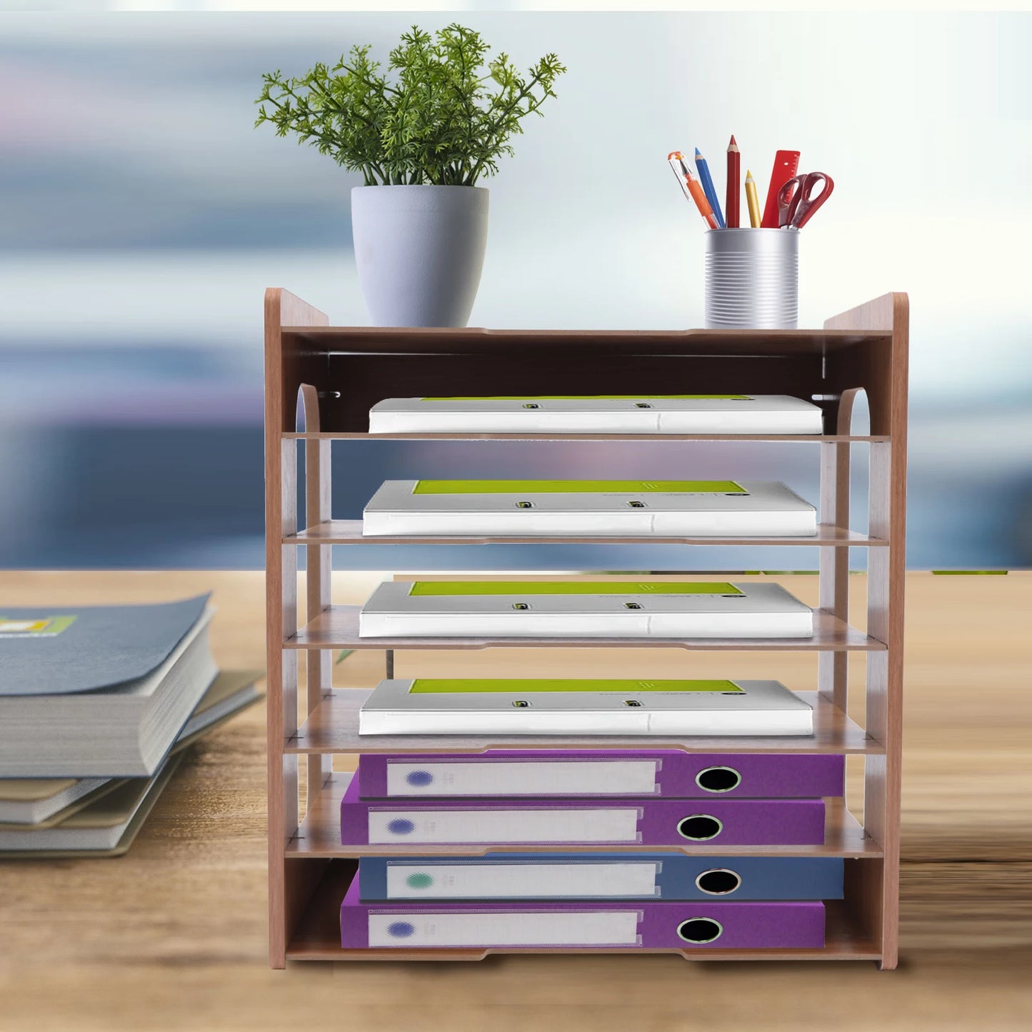 7-tier Widen Wood Paper Desktop Organizer File Holder Document Book Magazine Storage Shelf Rack for Home Office School Classroom