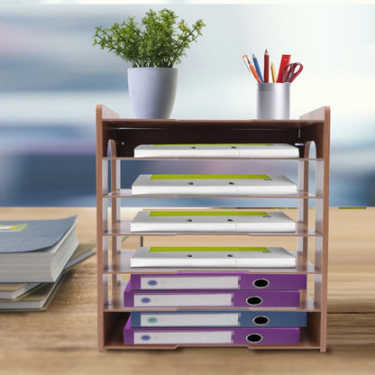 7-tier Widen Wood Paper Desktop Organizer File Holder Document Book Magazine Storage Shelf Rack for Home Office School Classroom