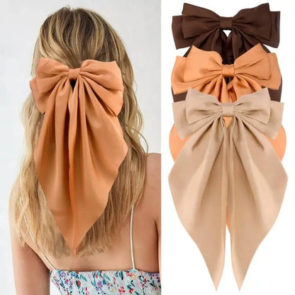 Hair Bows for Women Girls 3Pcs White Pink Black Silky Satin Large Bows Hair Clip Oversized Hair Ribbons Long Tail Big Hair Bows