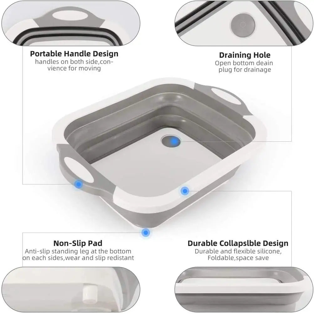 2PCS Collapsible Cutting Board Drain Basket, Portable Multi-Function Vegetable Fruits Drain Basin, for Kitchen/Outdoor Camping