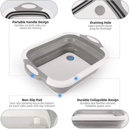 2PCS Collapsible Cutting Board Drain Basket, Portable Multi-Function Vegetable Fruits Drain Basin, for Kitchen/Outdoor Camping