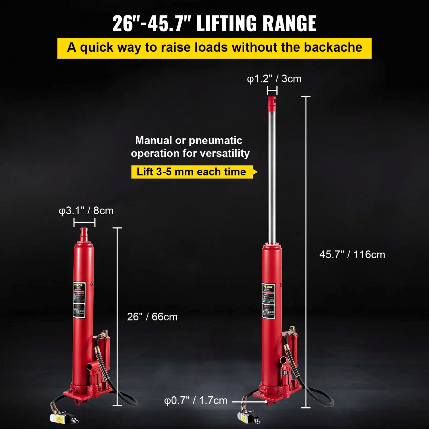 VEVOR Hydraulic/Pneumatic Long Ram Jack 8 Tons/17363 lbs Capacity, with Single Piston Pump and Clevis Base Manual Cherry Picker