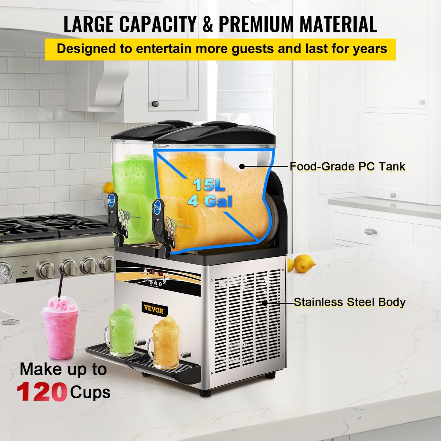 VEVOR Commercial Slushy Machine 15Lx2 Tank Margarita Maker 1000W Stainless Steel Smoothie Frozen Drink Maker for Supermarkets