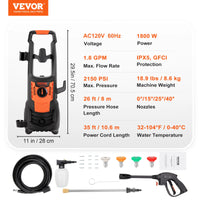 VEVOR Electric Pressure Washer Power Washer Quick Connect Nozzles Foam Cannon Retractable Handle for Portable to Clean Patios