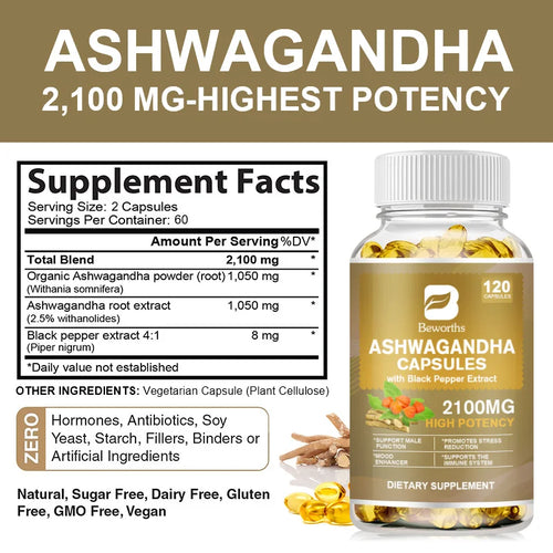 BEWORTHS Ashwagandha Root Extract Capsule Help Sleep Improve Sleep Quality Calm Down Emotions Relieve Anxiety Mood Health