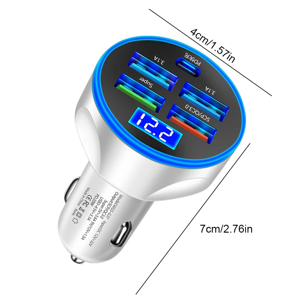 5 in 1 USB PD 250W Car Charger QC3.0 Type C Fast Charging Auto Mobile Phone Adapter For iPhone For iPhone Samsung Huawei