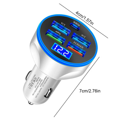 5 in 1 USB PD 250W Car Charger QC3.0 Type C Fast Charging Auto Mobile Phone Adapter For iPhone For iPhone Samsung Huawei