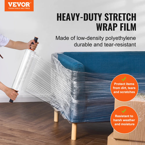 VEVOR 1/2/3/4 Packs Stretch Film 15 in Clear Shrink Film Roll Stretch Wrap with Handles for Pallet Wrapping Shipping Moving