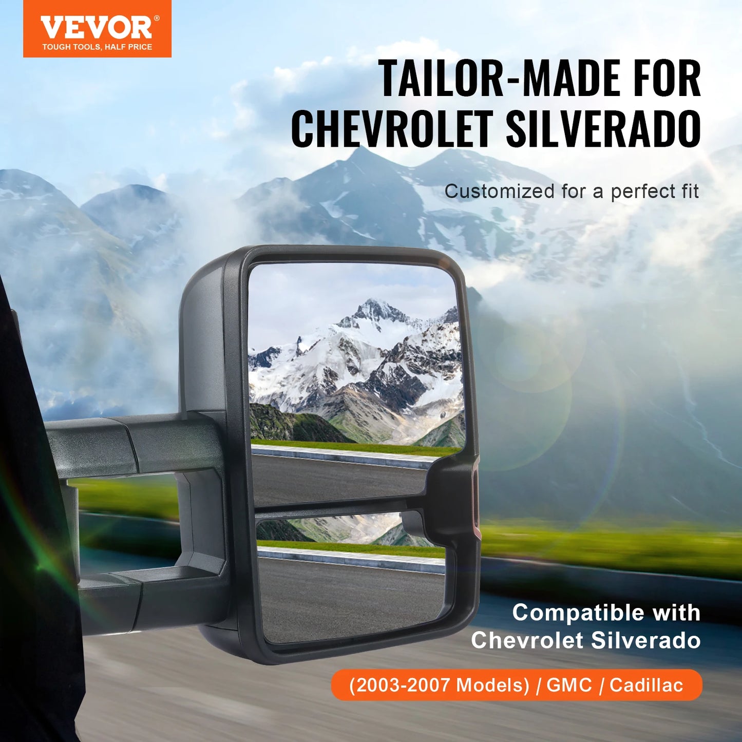 VEVOR Pair Towing Mirrors Power Heated with Signal LED Driving Light Tow Mirror for Chevrolet Silverado (2003-2021)/GMC/Cadillac