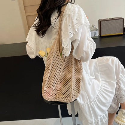 Women Hollow Summer Bag Solid Color Aesthetic Hobo Bag Large Capacity Knitted Tote Handbag Ladies Daily Handbag