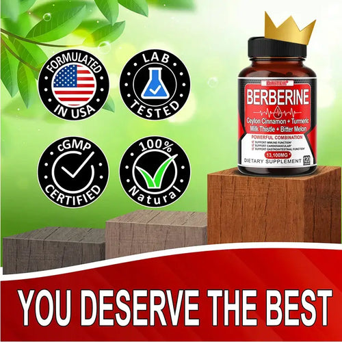 Berberine supplement featuring certifications like Lab Tested and cGMP Certified, highlighting natural ingredients and USA formulation.