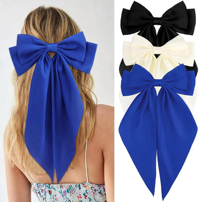 Hair Bows for Women Girls 3Pcs White Pink Black Silky Satin Large Bows Hair Clip Oversized Hair Ribbons Long Tail Big Hair Bows