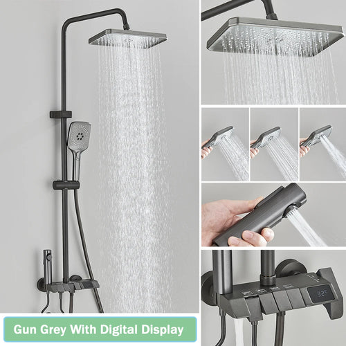 Rozin Black Smart Digital Display Shower Faucet Set Piano Style Rainlfall Bathroom System Grey Digital Mixer Tap Bidet Shower