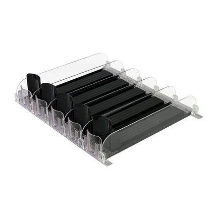 Drink Organizer Dispenser Spring Push Can Shelf Pusher Adjustable Width Soda Can Bottle Pusher E-shaped Glide for Kitchen Fridge