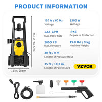 VEVOR Electric Pressure Washer Power Washer Quick Connect Nozzles Foam Cannon Retractable Handle for Portable to Clean Patios